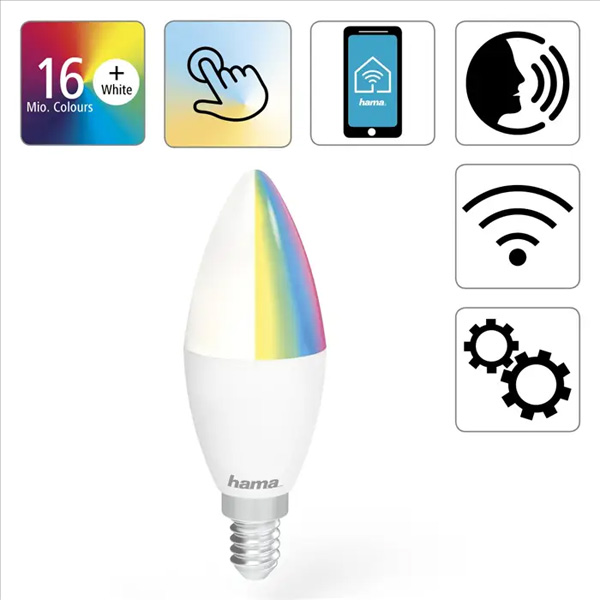 Hama SMART WiFi LED žárovka, E14, 5,5 W, RGBW, stmívatelná Hama SMART WiFi LED žárovka, E14, 5,5 W, RGBW, stmívatelná