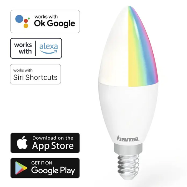 Hama SMART WiFi LED žárovka, E14, 5,5 W, RGBW, stmívatelná Hama SMART WiFi LED žárovka, E14, 5,5 W, RGBW, stmívatelná