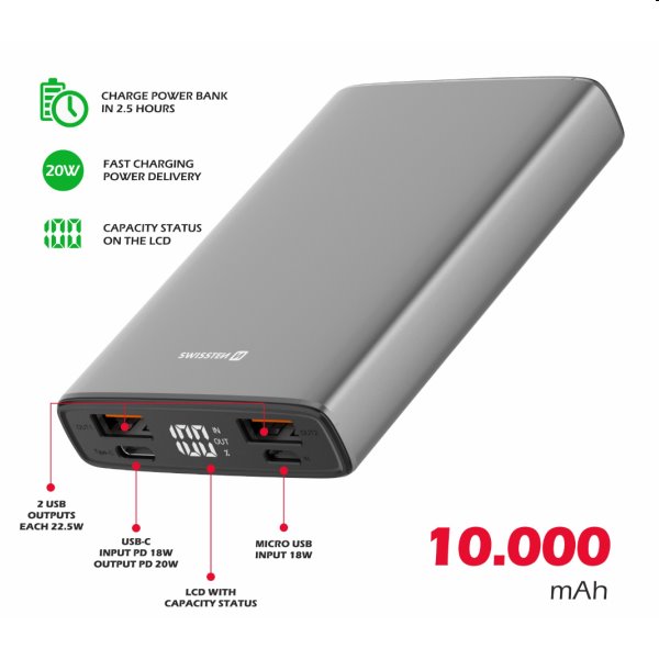 Swissten Aluminum Powerbank 10 000 mAh 20W, PD, šedá