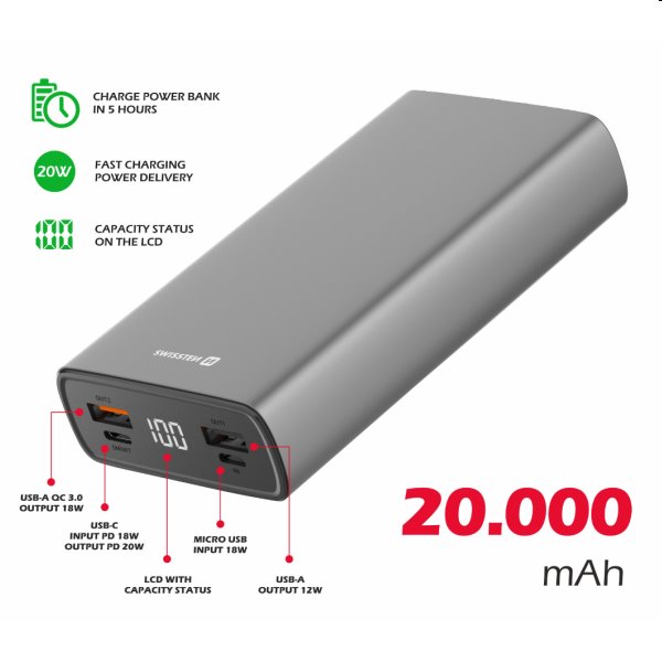 Swissten Aluminum Powerbank 20 000 mAh 20W, PD, šedá