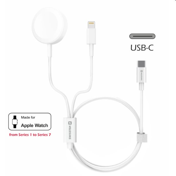 Swissten Nabíjecí magnetický kabel 2v1 pro Apple Watch a Lightning 1,2 m, bílý