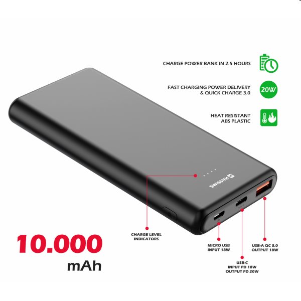 Swissten Power Line Powerbank 10 000 mAh 20W, PD, černá