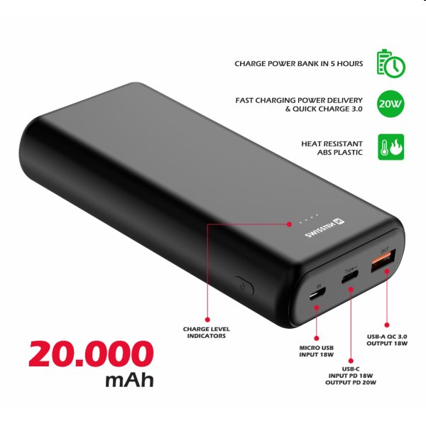 Swissten Power Line Powerbank 20 000 mAh 20W, PD, černé