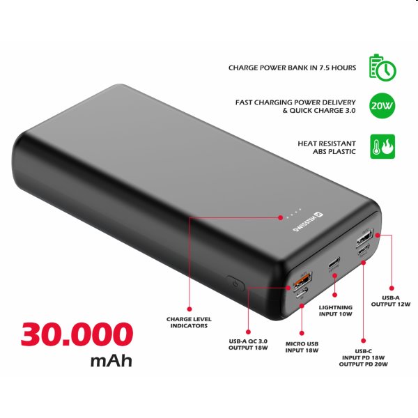 Swissten Power Line Powerbank 30 000 mAh 20W, PD, černá