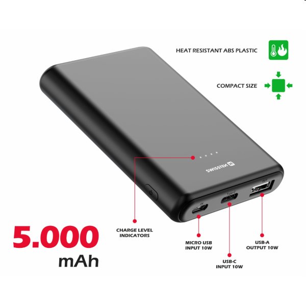 Swissten Power Line Powerbank 5 000 mAh 10W, černá