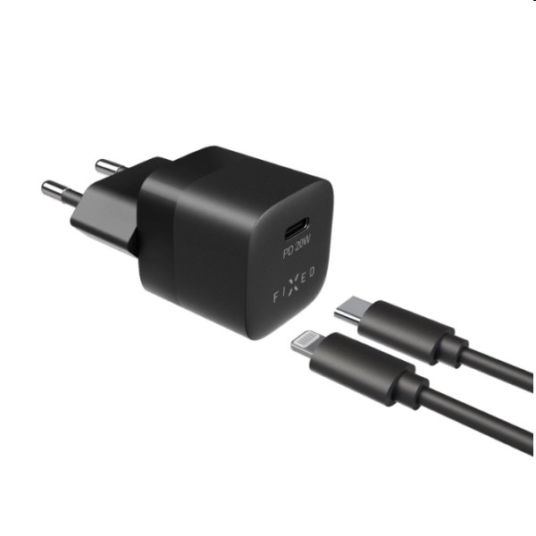 FIXED Set Síťová mini nabíječka s USB-C výstupem a USB-C/Lightning MFI kabel 1m, PD, 20W, černý