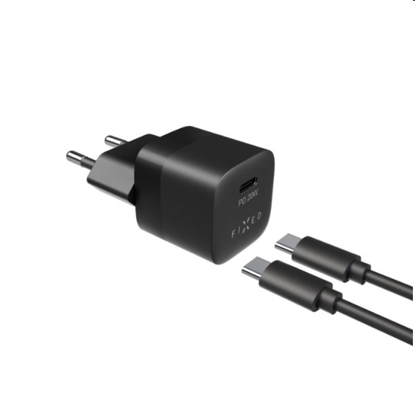 FIXED Set Síťová mini nabíječka s USB-C výstupem a USB-C/USB-C kabel 1m, PD, 20W, černý