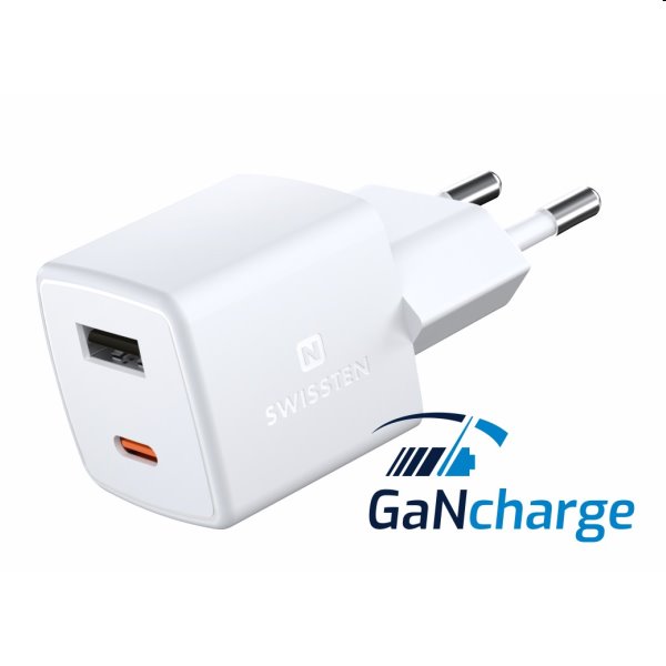 Mini Adaptér Swissten GaN 1x USB-C + 1xUSB 30W, PD, bílý Mini Adaptér Swissten GaN 1x USB-C + 1xUSB 30W, PD, bílý