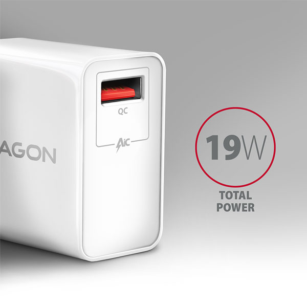AXAGON ACU-QC19W síťový adaptér, 1x QC3.0/AFC/FCP/SMART, 19 W, bílý AXAGON ACU-QC19W síťový adaptér, 1x QC3.0/AFC/FCP/SMART, 19 W, bílý
