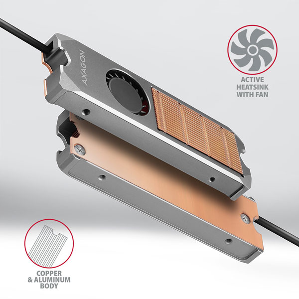 AXAGON CLR-M2FAN, měděný chladič s ventilátorem pro oboustranné M.2 SSD, 80mm SSD, výška 13mm AXAGON CLR-M2FAN, měděný chladič s ventilátorem pro oboustranné M.2 SSD, 80mm SSD, výška 13mm