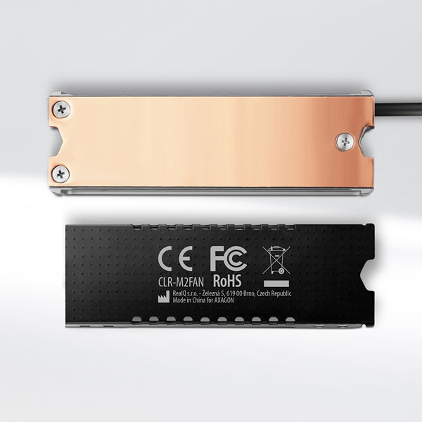 AXAGON CLR-M2FAN, měděný chladič s ventilátorem pro oboustranné M.2 SSD, 80mm SSD, výška 13mm AXAGON CLR-M2FAN, měděný chladič s ventilátorem pro oboustranné M.2 SSD, 80mm SSD, výška 13mm
