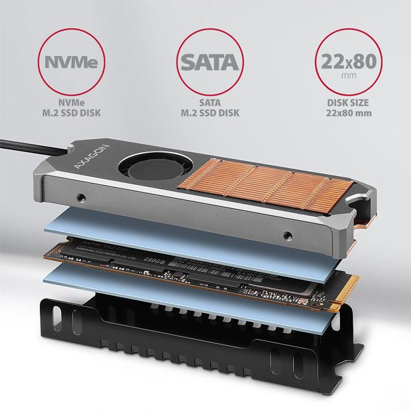 AXAGON CLR-M2FAN, měděný chladič s ventilátorem pro oboustranné M.2 SSD, 80mm SSD, výška 13mm AXAGON CLR-M2FAN, měděný chladič s ventilátorem pro oboustranné M.2 SSD, 80mm SSD, výška 13mm