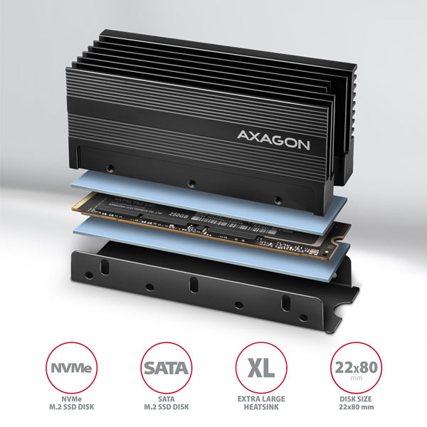 AXAGON CLR-M2XL hliníkový pasivní chladič pro oboustranný - M.2 SSD disk, 80mm SSD, výška 36mm