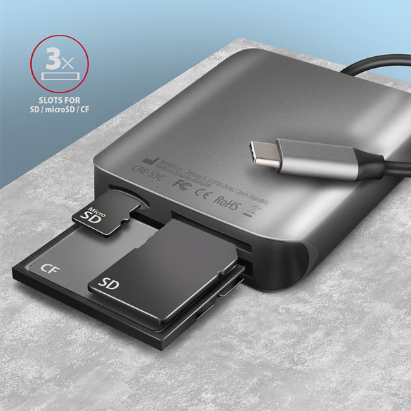 AXAGON CRE-S3 Externí čtečka karet USB-A 3.2 Gen 1, 3-slot & lun SD/microSD/CF, podpora UHS-II