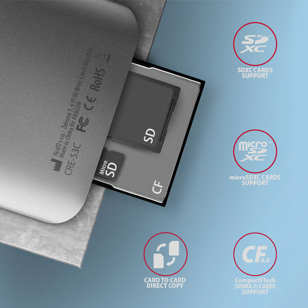 AXAGON CRE-S3C Externí čtečka karet USB-C 3.2 Gen 1, 3-slot & lun SD/microSD/CF, podpora UHS-II AXAGON CRE-S3C Externí čtečka karet USB-C 3.2 Gen 1, 3-slot & lun SD/microSD/CF, podpora UHS-II