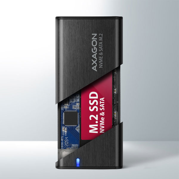 AXAGON EEM2-SB2 USB-C 3.2 Gen 2 - M.2 NVMe a SATA SSD kovový RAW box bez šroubů, černý AXAGON EEM2-SB2 USB-C 3.2 Gen 2 - M.2 NVMe a SATA SSD kovový RAW box bez šroubů, černý