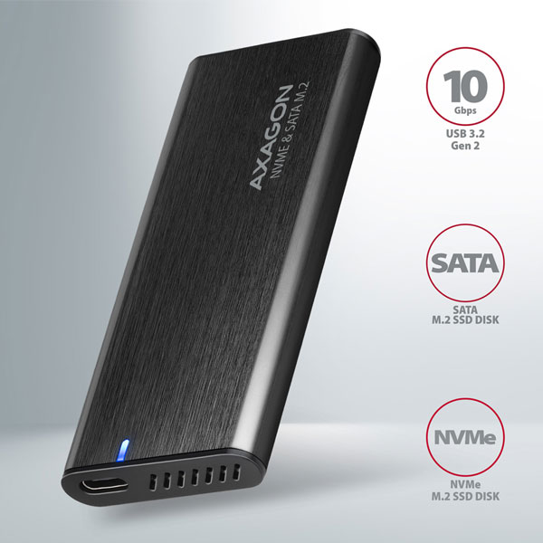 AXAGON EEM2-SB2 USB-C 3.2 Gen 2 - M.2 NVMe a SATA SSD kovový RAW box bez šroubů, černý AXAGON EEM2-SB2 USB-C 3.2 Gen 2 - M.2 NVMe a SATA SSD kovový RAW box bez šroubů, černý
