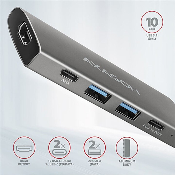 AXAGON HMC-5G2 2x USB-A + 2x USB-C + HDMI, USB-C 3.2 Gen 2 10 Gbps hub, PD 60 W, 13 cm USB-C kabel