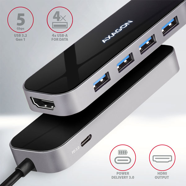 AXAGON HMC-6H4A 4x USB-A+ HDMI, USB-C 3.2 Gen 1 hub, PD 100 W, 20 cm USB-C kabel