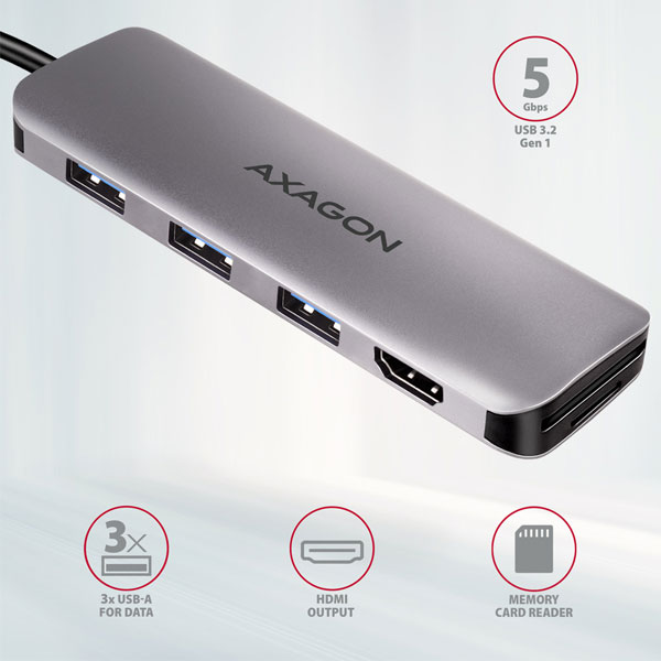 AXAGON HMC-HCR3A 3x USB-A + HDMI + SD/microSD, USB-C 3.2 Gen 1 hub, 20 cm USB-C kabel