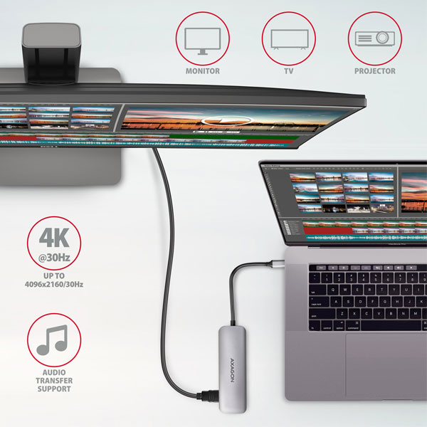 AXAGON HMC-HCR3A 3x USB-A + HDMI + SD/microSD, USB-C 3.2 Gen 1 hub, 20 cm USB-C kabel