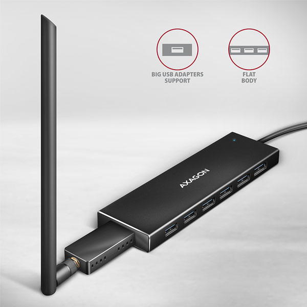 AXAGON HUE-F7A 7x USB 3.2 Gen 1 ALU FLAT hub, micro USB power IN, 1m USB-A cable AXAGON HUE-F7A 7x USB 3.2 Gen 1 ALU FLAT hub, micro USB power IN, 1m USB-A cable