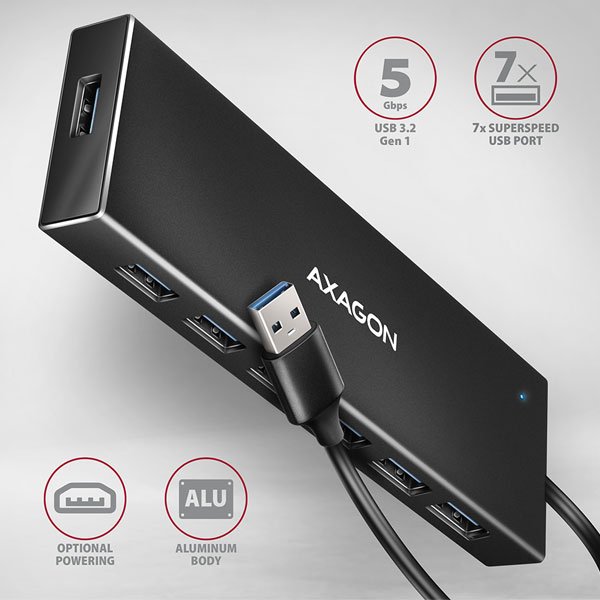 AXAGON HUE-F7A 7x USB 3.2 Gen 1 ALU FLAT hub, micro USB power IN, 1m USB-A cable AXAGON HUE-F7A 7x USB 3.2 Gen 1 ALU FLAT hub, micro USB power IN, 1m USB-A cable