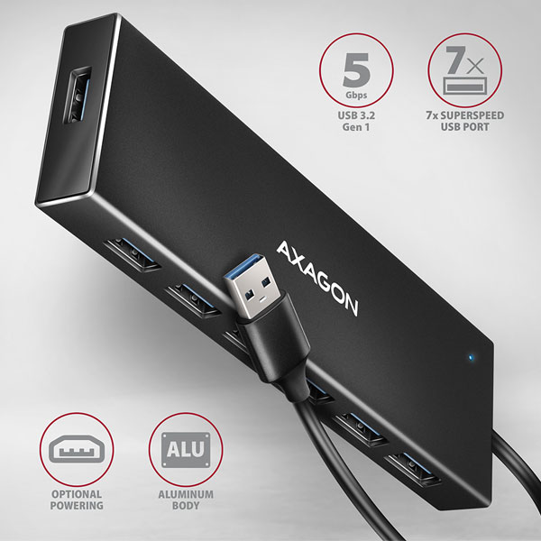 AXAGON HUE-F7A 7x USB 3.2 Gen 1 ALU FLAT hub, micro USB power IN, 1m USB-A cable