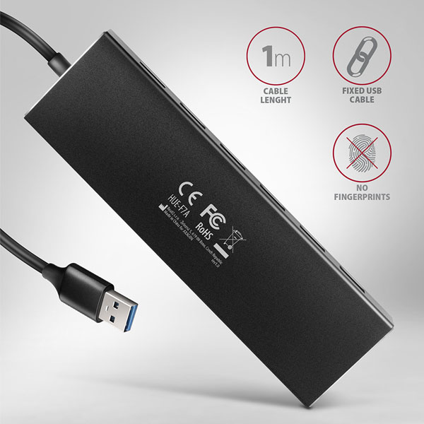 AXAGON HUE-F7A 7x USB 3.2 Gen 1 ALU FLAT hub, micro USB power IN, 1m USB-A cable