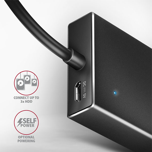 AXAGON HUE-F7C 7x USB 3.2 Gen 1 ALU FLAT hub, micro USB napájecí konektor, 30 cm USB-C kabel