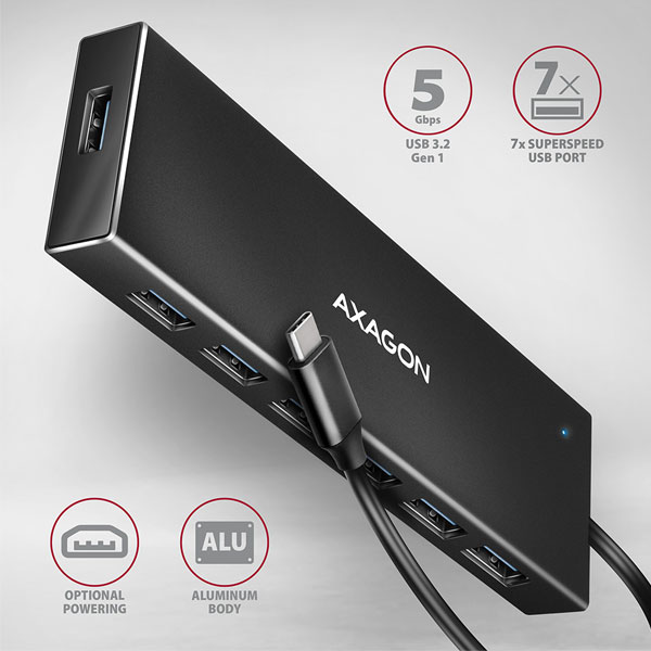 AXAGON HUE-F7C 7x USB 3.2 Gen 1 ALU FLAT hub, micro USB napájecí konektor, 30 cm USB-C kabel