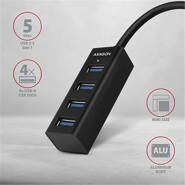 AXAGON HUE-M1C 4x USB3.2 Gen 1 MINI hub, metal, 20 cm USB-C kabel