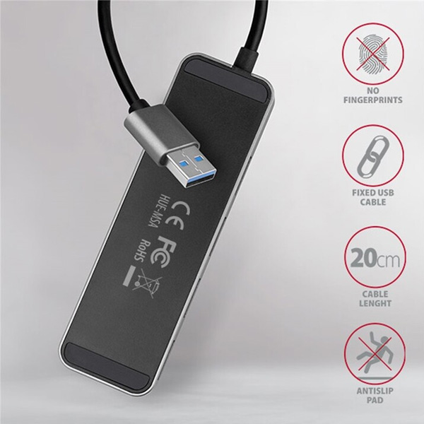 AXAGON HUE-MSA 4x USB3.2 Gen 1 SWITCH hub, metal, micro USB power IN, 20 cm USB-A kabel AXAGON HUE-MSA 4x USB3.2 Gen 1 SWITCH hub, metal, micro USB power IN, 20 cm USB-A kabel