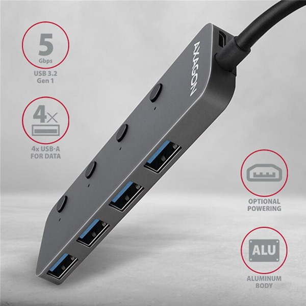 AXAGON HUE-MSA 4x USB3.2 Gen 1 SWITCH hub, metal, micro USB power IN, 20 cm USB-A kabel AXAGON HUE-MSA 4x USB3.2 Gen 1 SWITCH hub, metal, micro USB power IN, 20 cm USB-A kabel