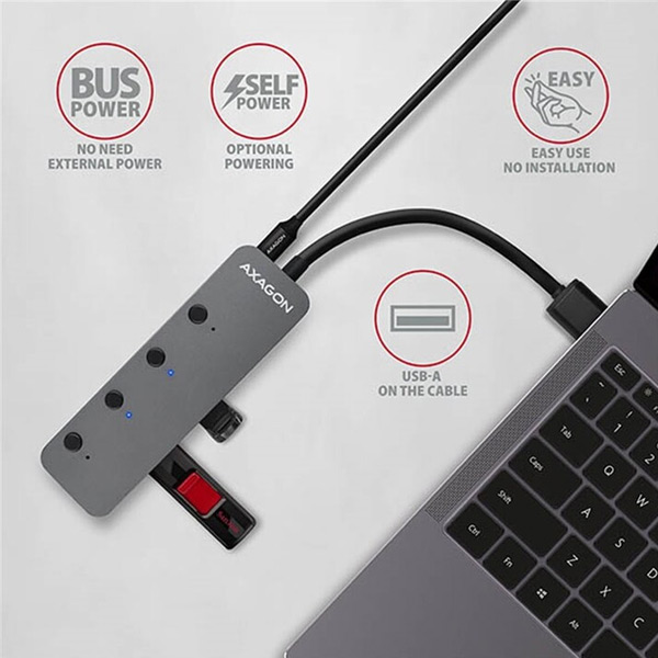 AXAGON HUE-MSA 4x USB3.2 Gen 1 SWITCH hub, metal, micro USB power IN, 20 cm USB-A kabel