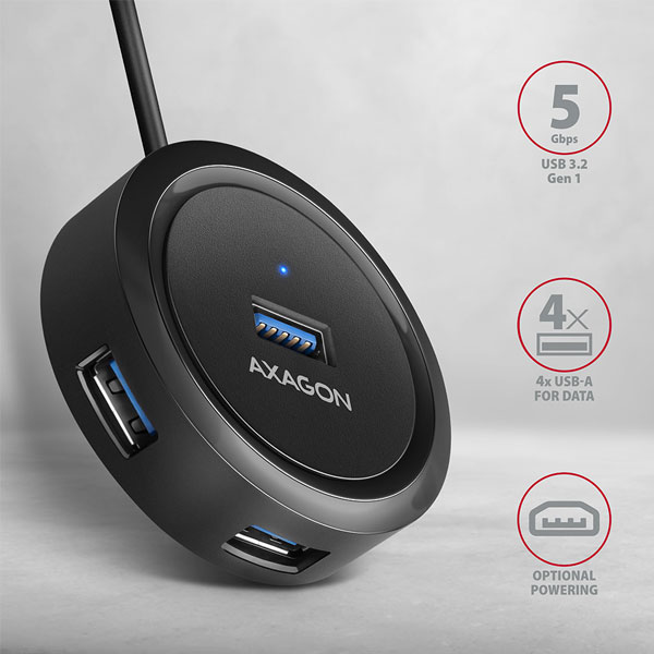 AXAGON HUE-P1AL 4x USB 3.2 Gen 1 ROUND hub, micro USB napájecí konektor, 1,2 m USB-A kabel