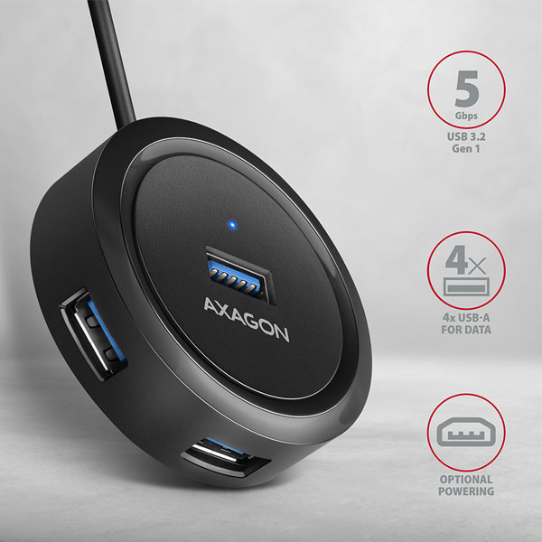 AXAGON HUE-P1C 4x USB 3.2 Gen 1 ROUND hub, micro USB napájecí konektor, 30cm USB-C kabel AXAGON HUE-P1C 4x USB 3.2 Gen 1 ROUND hub, micro USB napájecí konektor, 30cm USB-C kabel