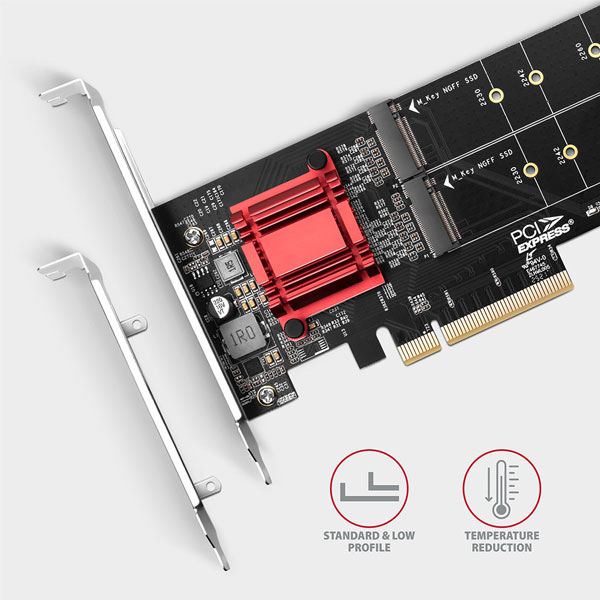 AXAGON PCEM2-ND PCE-E 3.0 8x radič - dual M.2 NVMe M-key slot adapter w. dataswitch, SP & LP, up to 110mm SSD