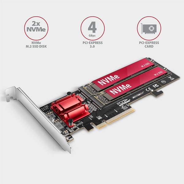 AXAGON PCEM2-ND PCE-E 3.0 8x radič - dual M.2 NVMe M-key slot adapter w. dataswitch, SP & LP, up to 110mm SSD AXAGON PCEM2-ND PCE-E 3.0 8x radič - dual M.2 NVMe M-key slot adapter w. dataswitch, SP & LP, up to 110mm SSD