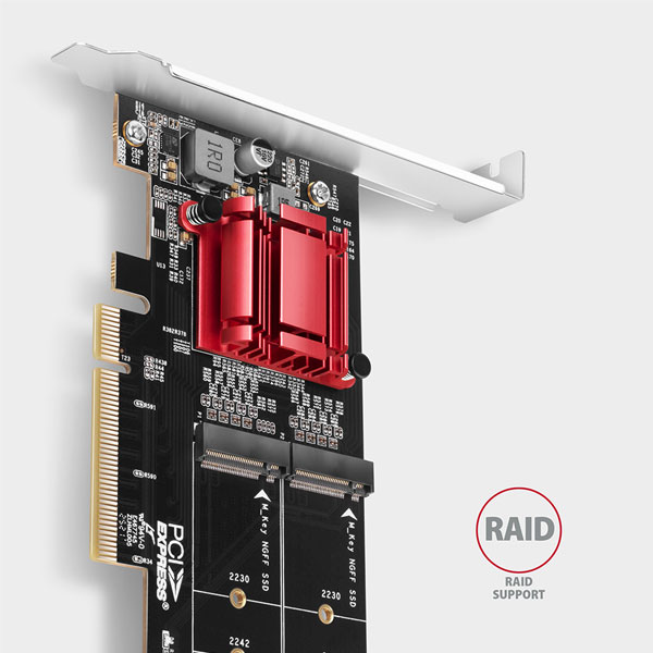 AXAGON PCEM2-ND PCE-E 3.0 8x radič - dual M.2 NVMe M-key slot adapter w. dataswitch, SP & LP, up to 110mm SSD