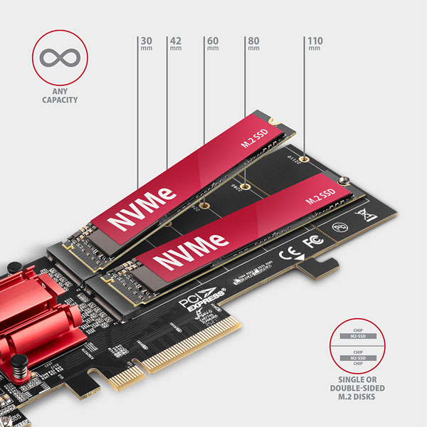 AXAGON PCEM2-ND PCE-E 3.0 8x radič - dual M.2 NVMe M-key slot adapter w. dataswitch, SP & LP, up to 110mm SSD