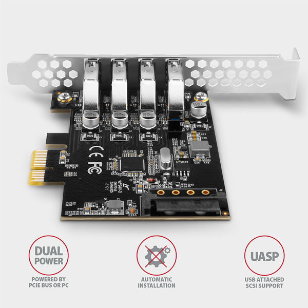 AXAGON PCEU-43RS PCIe řadič 4x USB3.0 UASP VIA, 15-pin SATA napájení