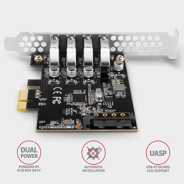 AXAGON PCEU-43RS PCIe řadič 4x USB3.0 UASP VIA, 15-pin SATA napájení AXAGON PCEU-43RS PCIe řadič 4x USB3.0 UASP VIA, 15-pin SATA napájení