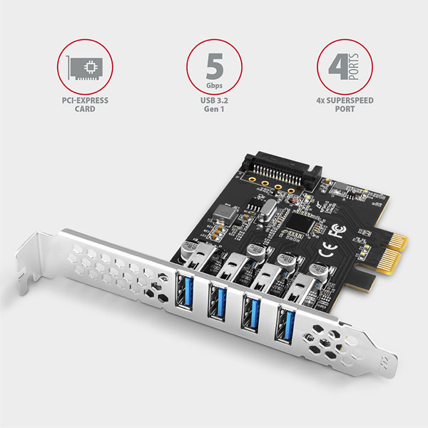 AXAGON PCEU-43RS PCIe řadič 4x USB3.0 UASP VIA, 15-pin SATA napájení