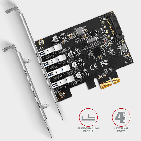 AXAGON PCEU-43RS PCIe řadič 4x USB3.0 UASP VIA, 15-pin SATA napájení AXAGON PCEU-43RS PCIe řadič 4x USB3.0 UASP VIA, 15-pin SATA napájení