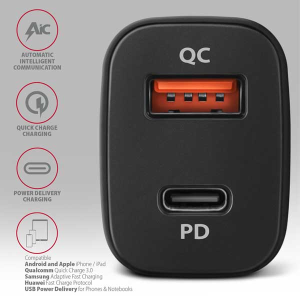 AXAGON PWC-PQ38 car charger 1x QC3.0 + 1x PD USB-C, 38W, black