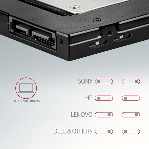 AXAGON RSS-CD09 2.5" SSD/HDD caddy into DVD slot, 9.5 mm, LED, ALU