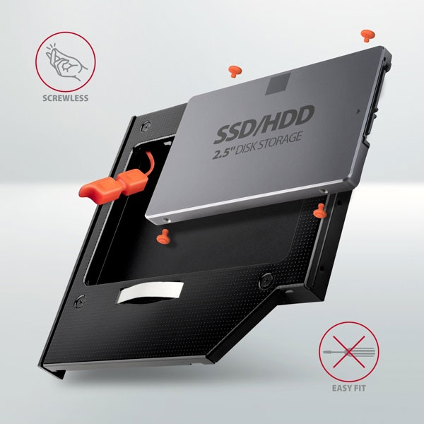 AXAGON RSS-CD12 2.5" SSD/HDD caddy into DVD slot, 12.7 mm, LED, ALU AXAGON RSS-CD12 2.5" SSD/HDD caddy into DVD slot, 12.7 mm, LED, ALU