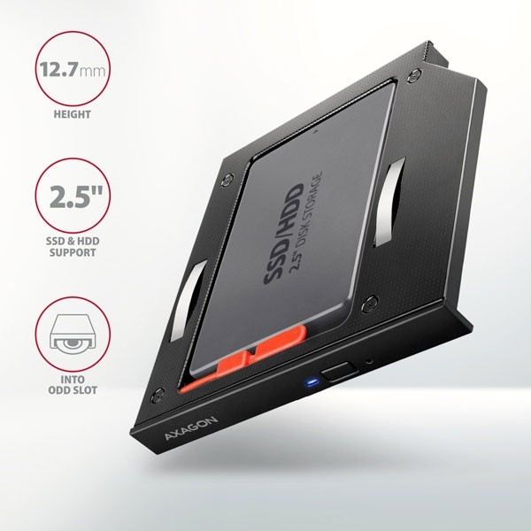 AXAGON RSS-CD12 2.5" SSD/HDD caddy into DVD slot, 12.7 mm, LED, ALU AXAGON RSS-CD12 2.5" SSD/HDD caddy into DVD slot, 12.7 mm, LED, ALU