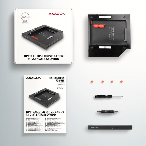 AXAGON RSS-CD12 2.5" SSD/HDD caddy into DVD slot, 12.7 mm, LED, ALU